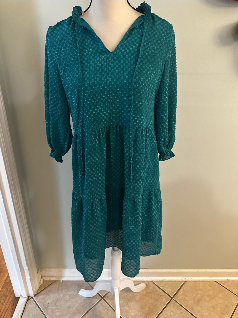 Nanette Lepore Teal Swiss-Dot Tiered Midi Dress